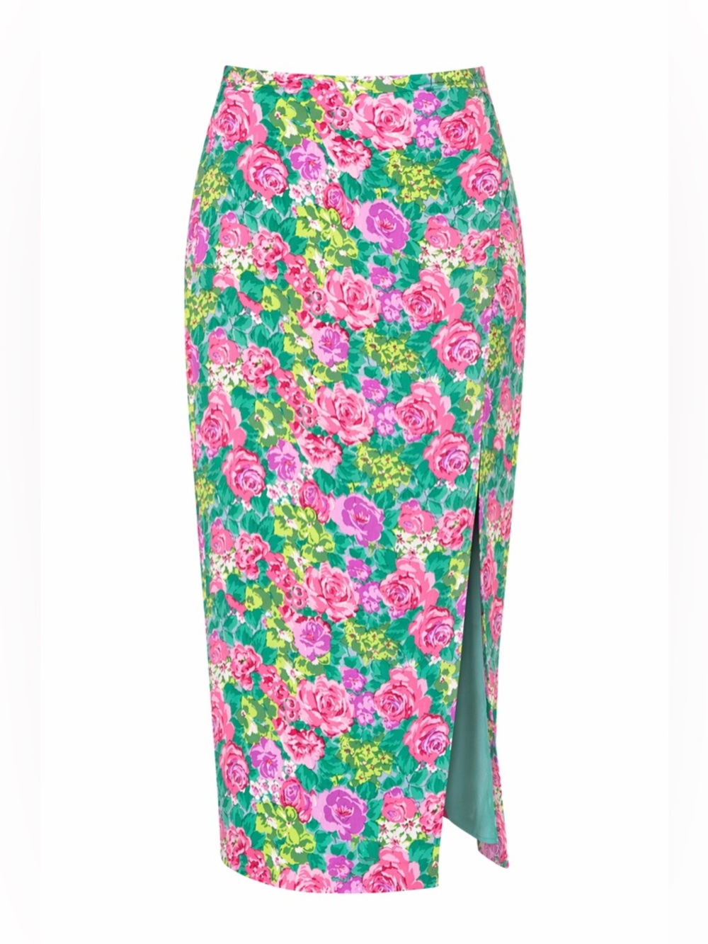Lulus Floral Ruched Midi Skirt Size M Pink Green Rose Print Side Slit